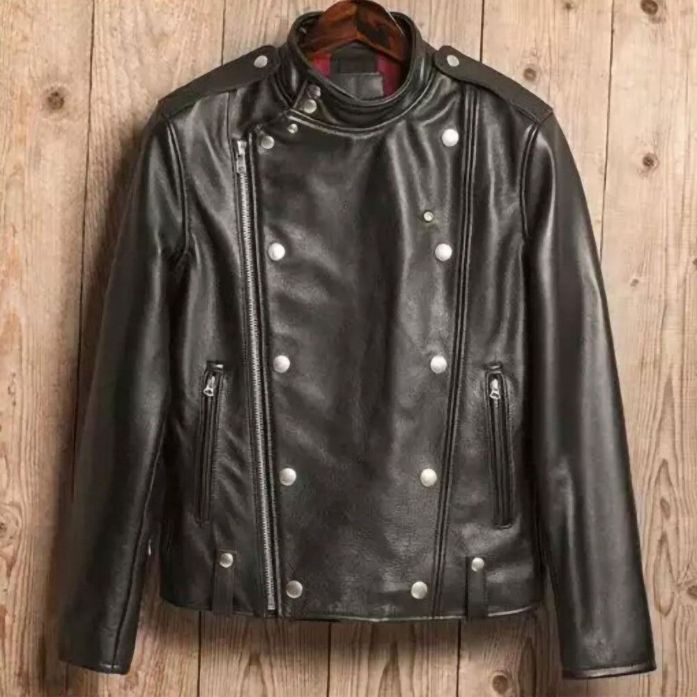 Vintage Style Double Breasted Metal Button Leather Mens Jacket