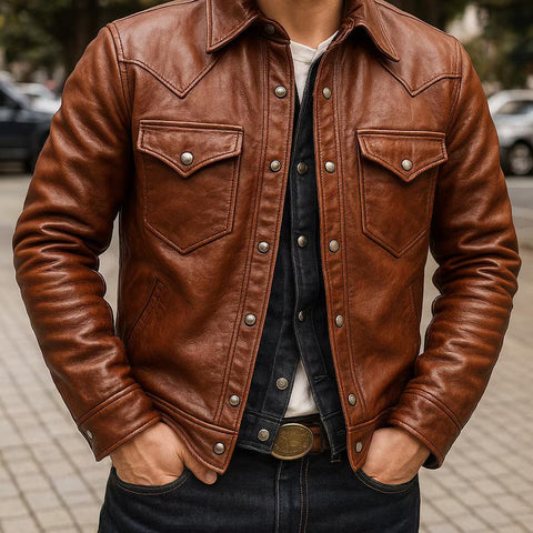 Men’s Distressed Brown Cowhide Genuine Leather Jacket Vintage Biker Streetwear Style Coat