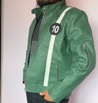 Superhero B T Embossed Leather Jacket Handmade Cosplay Costume Green Faux Leather Halloween Biker Coat