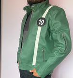 Superhero B T Embossed Leather Jacket Handmade Cosplay Costume Green Faux Leather Halloween Biker Coat