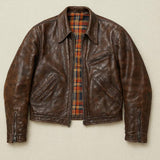 1930s German Vintage A2 Leather Jacket Men’s Handmade Distressed Brown Cowhide Grain Leather Contrast Check Lining Streetwear Coat