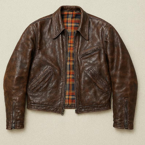 1930s German Vintage A2 Leather Jacket Men’s Handmade Distressed Brown Cowhide Grain Leather Contrast Check Lining Streetwear Coat