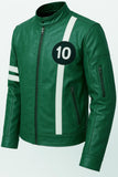 Superhero B T Embossed Leather Jacket Handmade Cosplay Costume Green Faux Leather Halloween Biker Coat