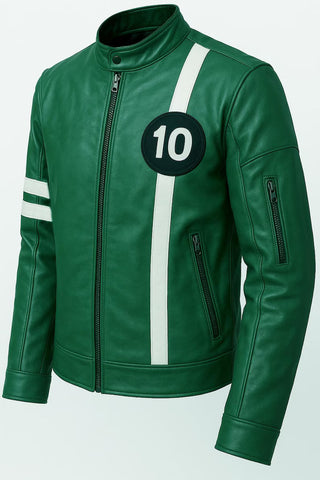 Superhero B T Embossed Leather Jacket Handmade Cosplay Costume Green Faux Leather Halloween Biker Coat