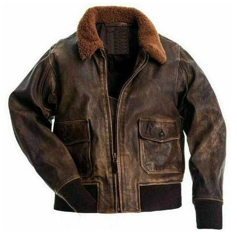 G1 Military Distressed Brown Vintage Style Fur Collar Bomber Leather Jacket Mens