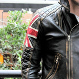 Quilted Distressed Brown Cafe Racer Vintage Motorcycle Biker UK Flag Leather Jacket Mens