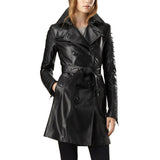 Double Breasted Black Long Designer Overcoat Womens Real Leather Jacket