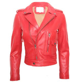 Women Cropped Biker Red Real Leather Short Slim Fit Motorcycle Womens Coat
