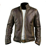 Biker Vintage Brown Motorcycle Retro Distressed Mens Genuine Leather Jacket