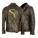 Dragon Embroidery Patch Halloween Distressed Brown Leather Jacket for Men's