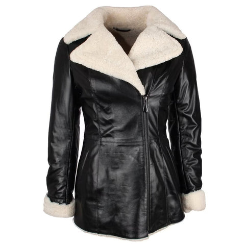 Womens Winter Black Fur Coat, Genuine Leather with Artificial Fur Jacket