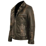 Dragon Embroidery Patch Halloween Distressed Brown Leather Jacket for Men's