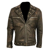 Dragon Embroidery Patch Halloween Distressed Brown Leather Jacket for Mens