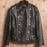 Vintage Style Double Breasted Metal Button Brown/Black Leather Mens Jacket
