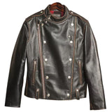 Vintage Style Double Breasted Metal Button Brown/Black Leather Mens Jacket