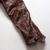 Vintage Wax Brown Military Coat Flap Pocket Style Streetwear Leather Jacket