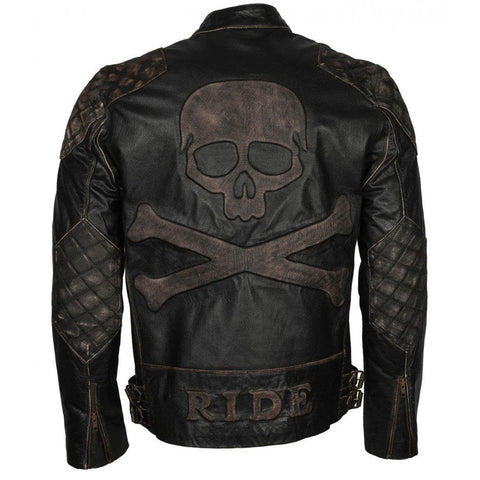 Skull Ride Emboss Distressed Leather Jacket for Mens