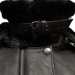B3 Bomber Black Leather Jacket with Detachable Hood Black Fur Womens Winter Coat