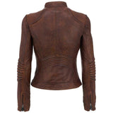 Women Wax Brown Cafe Racer Biker Jacket Real Leather Slim Street Wear Coat