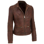 Women Wax Brown Cafe Racer Biker Jacket Real Leather Slim Street Wear Coat